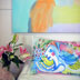 Abstract painting with lillies and Angel linen cushion