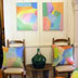 Abstract paintings and linen cushions in Paddington Shop